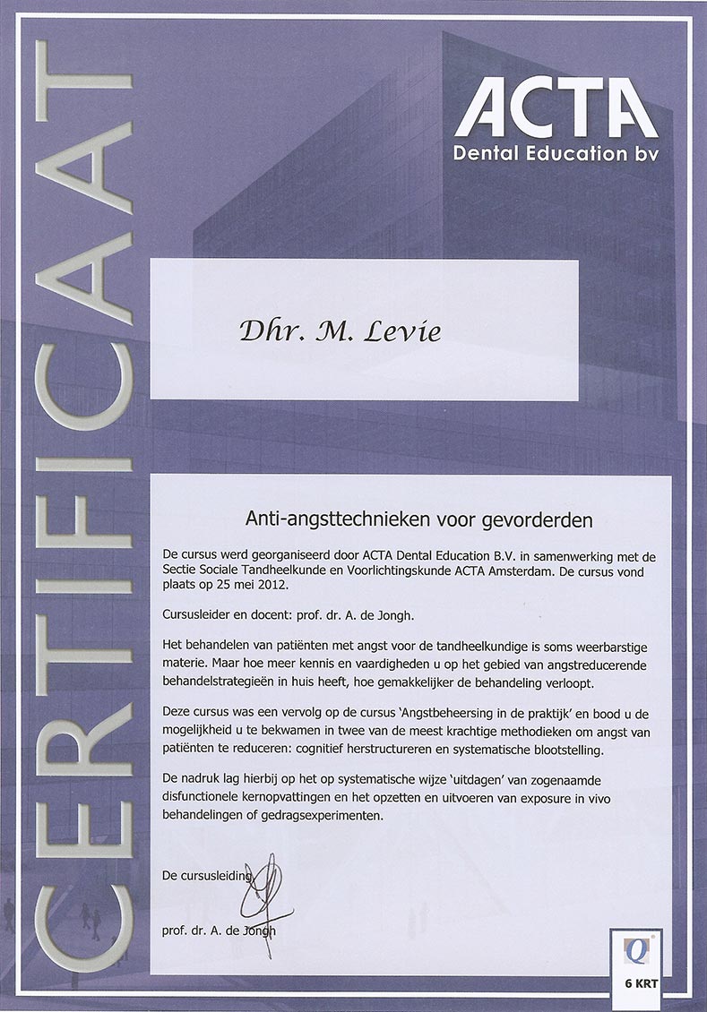 Diploma anti-angst techniek - behaalt door Martin Levie